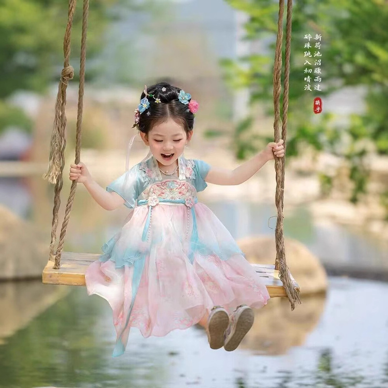 女童汉服襦裙夏季宝宝中国风古装短袖超仙刺绣薄款女童国风连衣裙|undefined