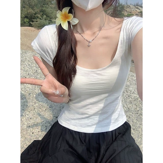 跨境一件代发短袖T恤夏2024韩版女装纯色修身正肩短款U领上衣