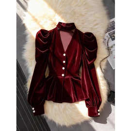 老钱风酒红色V领泡泡袖丝绒衬衫女秋冬2025新款气质名媛显瘦衬衣