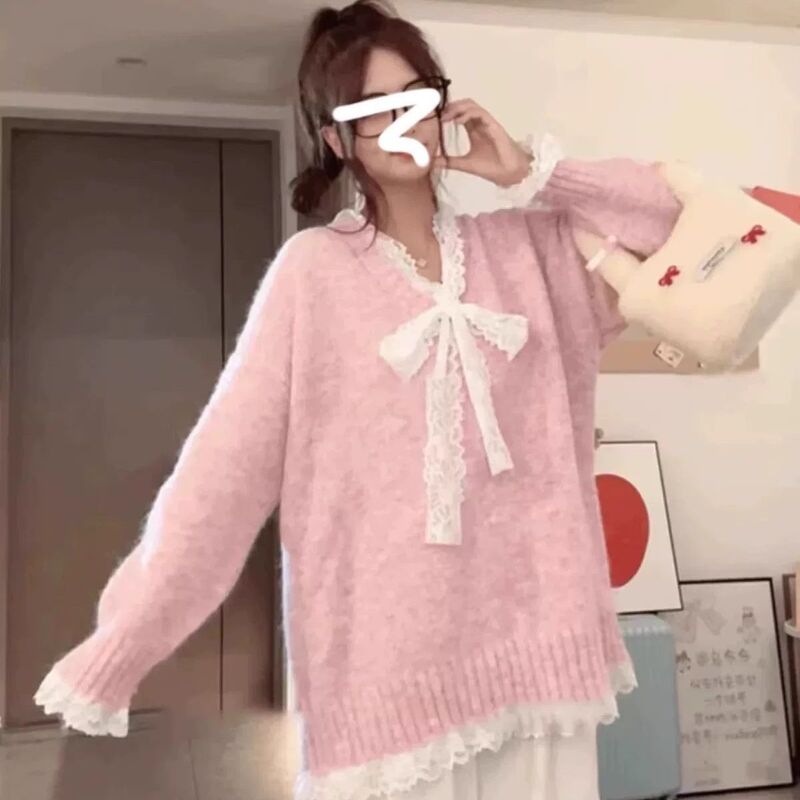 蕾丝毛衣韩系蕾丝拼接毛衣女秋季慵懒风小众宽松显瘦别致套头上衣|undefined