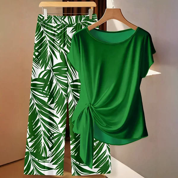 Cross-Border Minimalist Shirts and Geometric Print Straight-Leg Pants, Casual Vacation Two-Piece Set for Summer and Early Autumn
