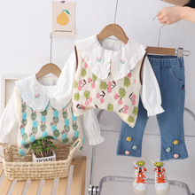 童装女童春款套装2024春季新款女宝宝卡通毛衣马甲三件套一件代发