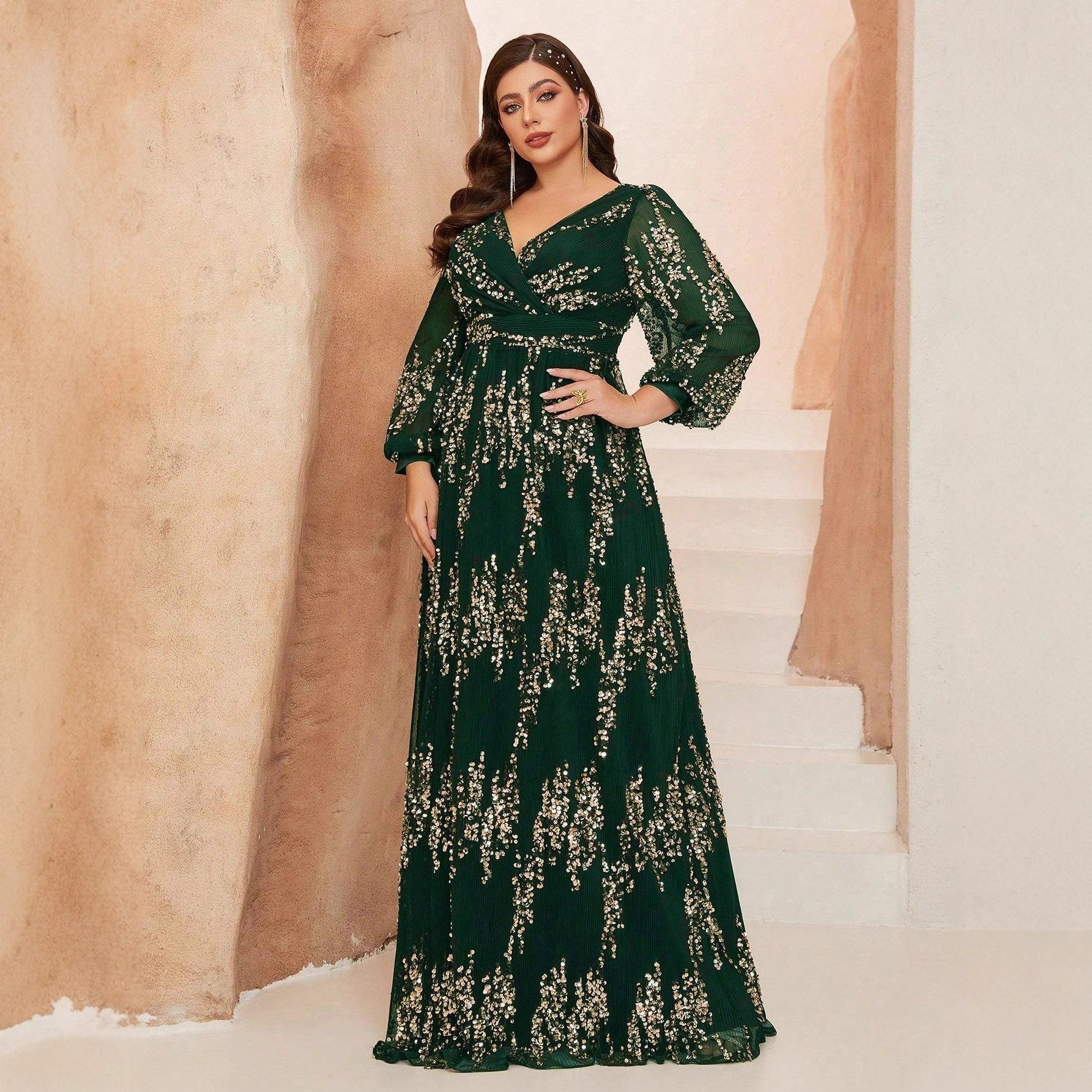 Cross-Border European and American New Ball Adult Dress with Diamond Decoration V Neck Long-Sleeved Evening Dress Party Adult Dress for Women