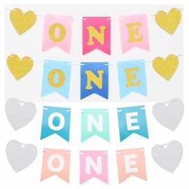 毛毡ONE字母儿童周岁纸生日拉旗派对布置装饰拉花横幅条厂家批发