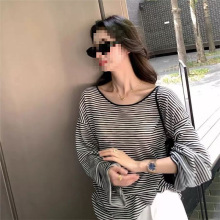 大码设计感条纹亚麻和纸纱防晒罩衫女夏季薄款针织衫宽松套头上衣