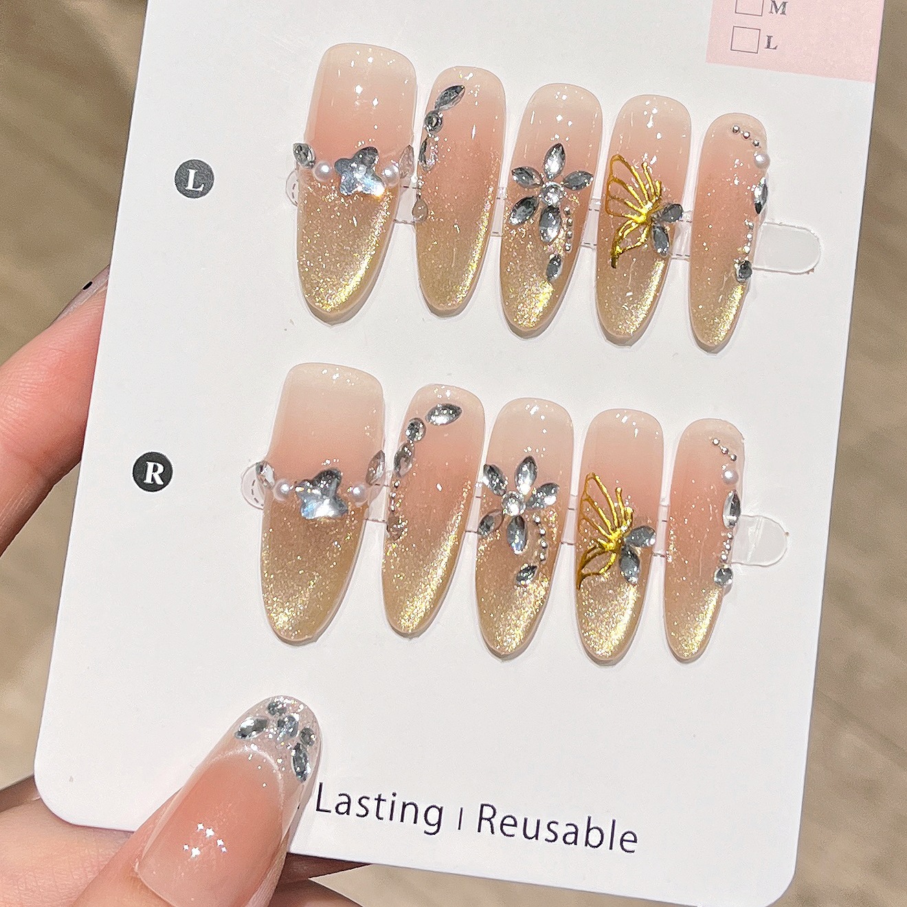 Uña hecha a mano pura al por mayor ojo de gato mariposa manicure parches de uñas falsas desmontables productos terminados de alta calidad