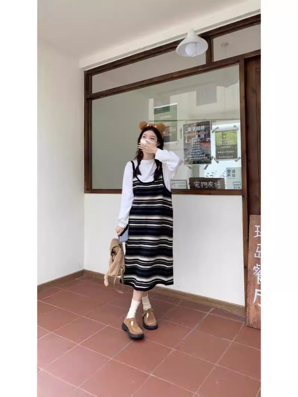 条纹针织吊带连衣裙女初秋季新款小个子复古休闲宽松背心长裙|undefined