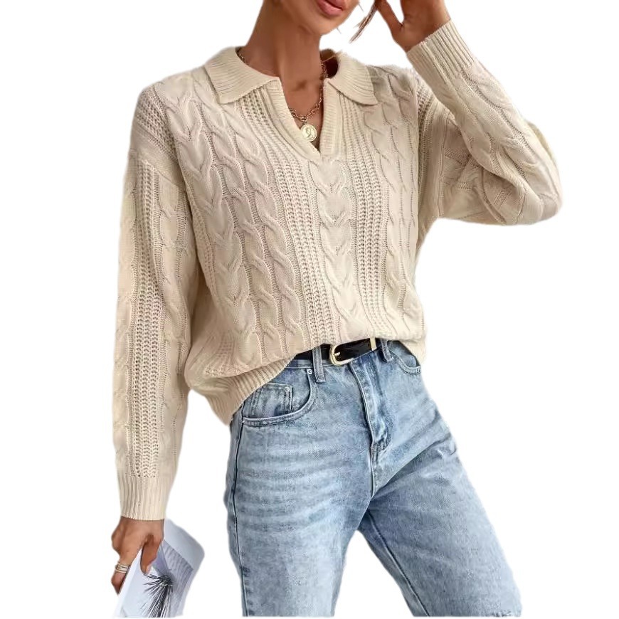 European and American cross-border foreign trade women's POLO collar sweaters for women, fashionable and versatile twist threaded sweaters, solid color tops for women
