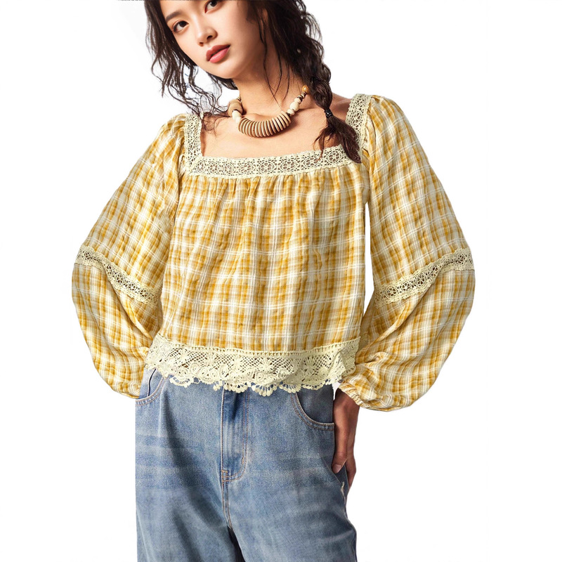 Plaid Shirt Women's Autum 2025 New One-Line Collar Lace Lantern Sleeve One-Line Shoulder Top Ins