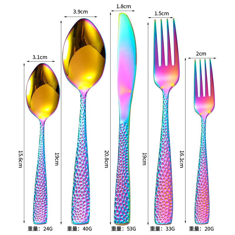 Amazon vajilla snakeskin martillo mango conjunto de cinco piezas creativo occidental cuchillo de carne y tenedor cuchara de acero inoxidable dorado cuchillo y tenedor