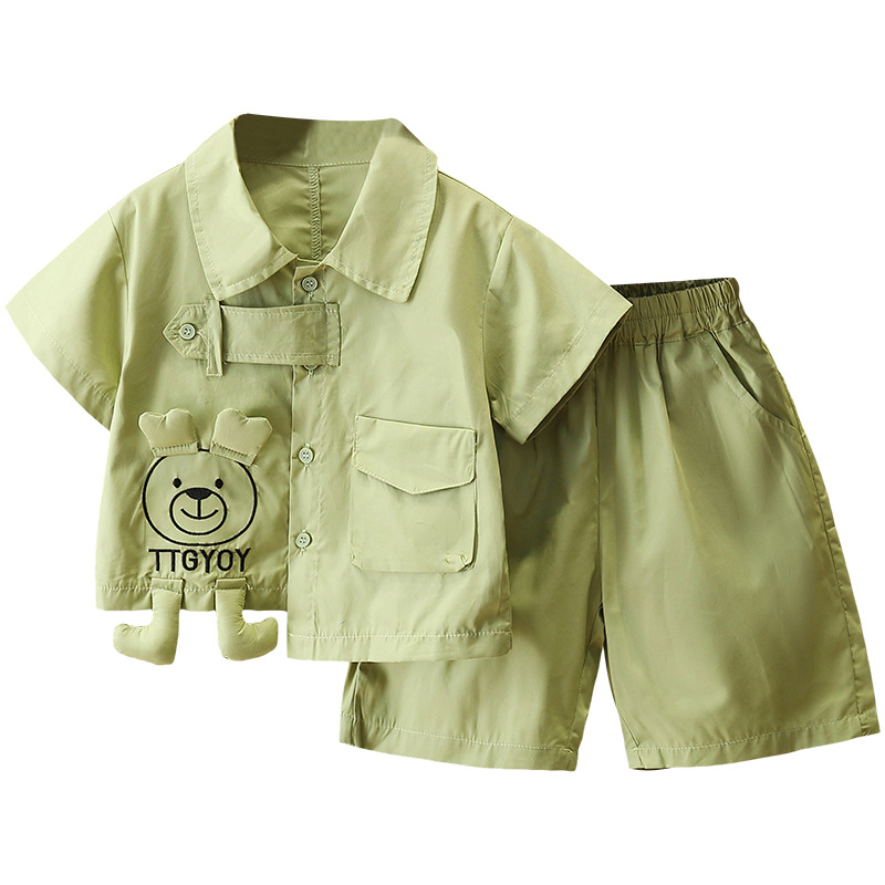 7286 traje de verano para niños 2025 nueva camisa de oso de dibujos animados para niños pantalones cortos de manga corta de verano de dos piezas de verano