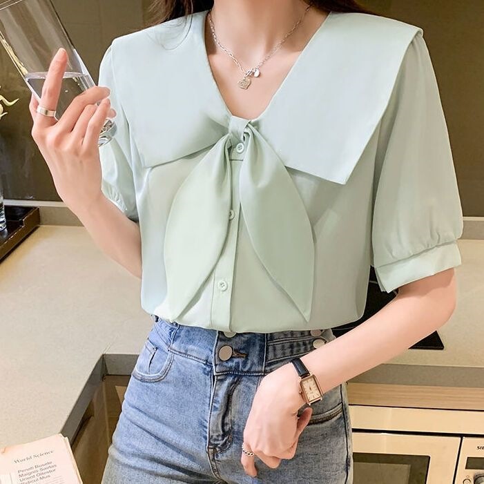 Bow-Tie Style Navy Collar Shirt for Women, Spring/Summer 2026 New French Niche Style Short-Sleeve Cardigan Top