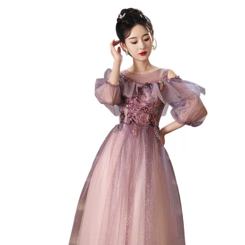 Фиолетовое вечернее платье, демисезонное с длинными рукавами