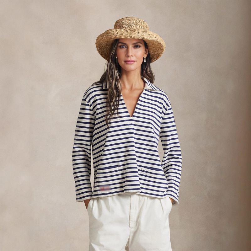 Casual and Fashionable French Designer Cotton Textured Stripesd Off-Shoulder Long-Sleeved Casual Polo Shirt T-Shirt for Women Casual and Fashionable French Designer Cotton Textured Stripesd Off-Shoulder Long-Sleeved Casual Polo Shirt T-Shirt for Women