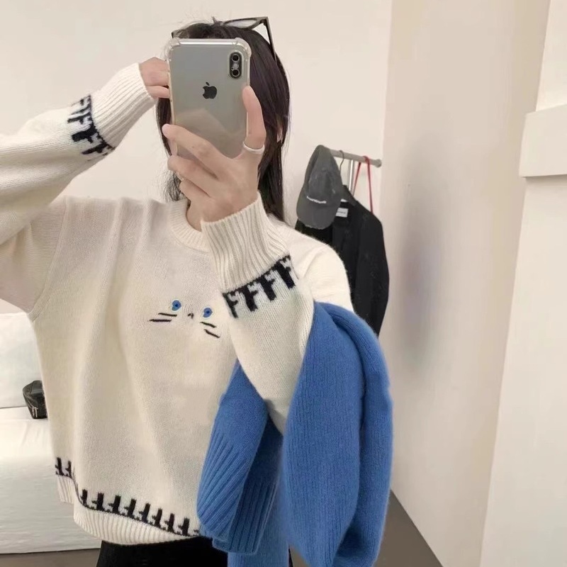 秋冬新款韩版宽松显瘦慵懒风圆领套头毛衣女百搭针织衫上衣打底衫|undefined