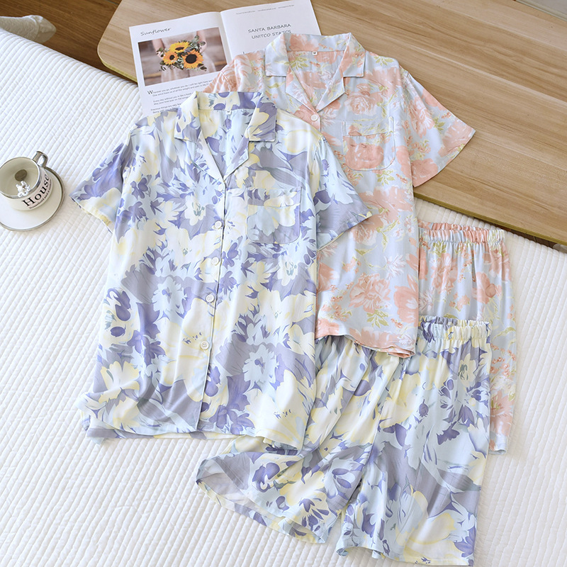 Women's Silky Satin Striped Pajamas Soft High-end Women's plus size Short-sleeved Shorts Home Clothes suit Floral