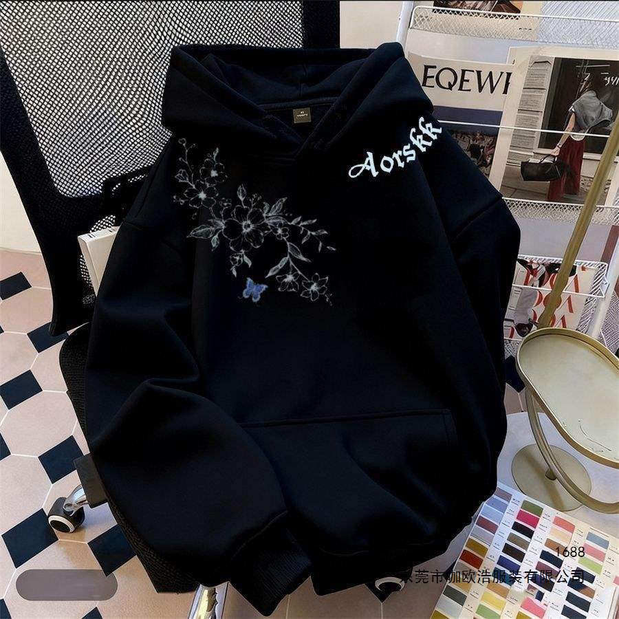American-style rose letter print hooded sweatshirt for men and women, autumn and winter fleece-lined hoodie, loose and versatile, suitable for students, trendy men's top