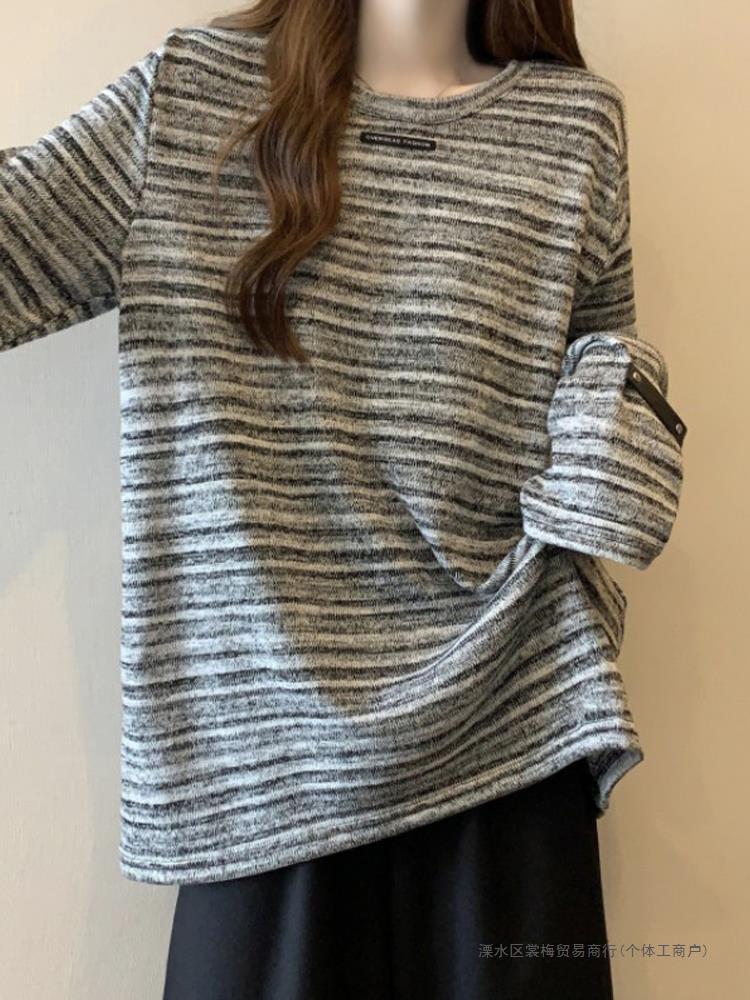 Large Size Women's Lazy Style Retro Gradual Striped Long-sleeved T-shirt Women's Autumn and Winter Fat Sister Belly Covering Base Shirt