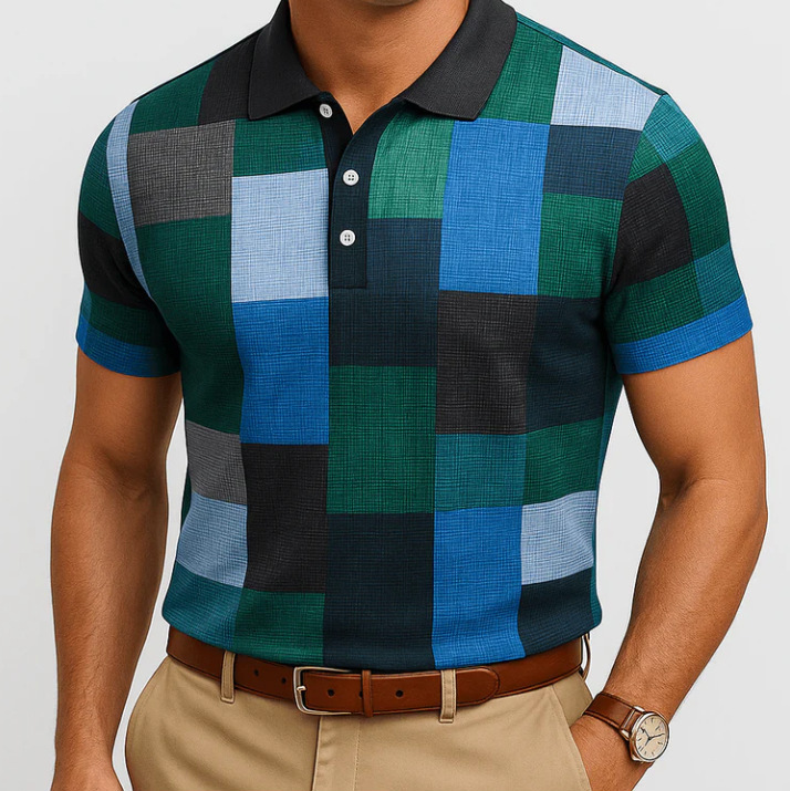 Botón de los hombres camisa polo a cuadros patrón solapa moda 3D Impresión digital moda urbana suelta casual