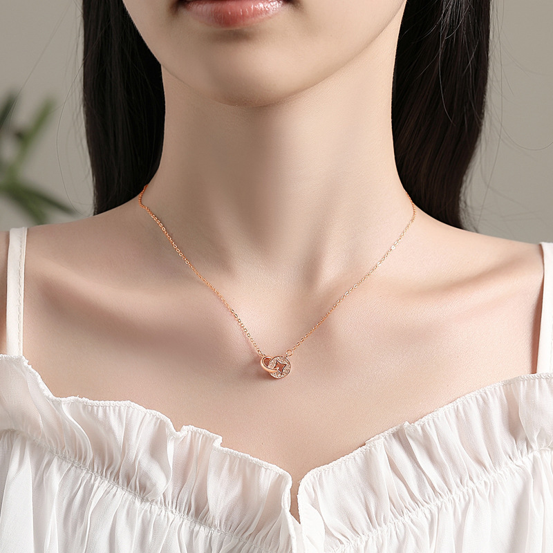 S925 plata de ley nuevo collar de hebilla de moneda de cobre de diamante completo de estilo chino clásico con hebilla de doble anillo para mujer cadena de clavícula joyería creativa