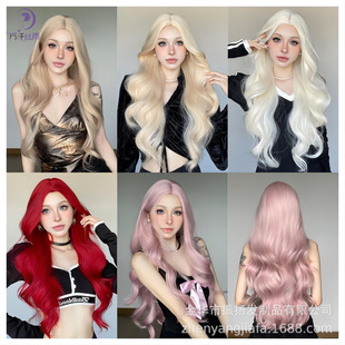 European and American Middle-Parted Long Curly Wig, Platinum Blonde, Large Wavy Long Hair, Chemical Fiber Hair Headgear, Multiple Styles, Ready-Made from Manufacturers