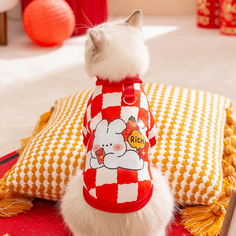 Fiestas rojas lindas impresión de Año Nuevo tracción suéter gato en casa festivo engrosado mascota ropa de gato al por mayor image 3