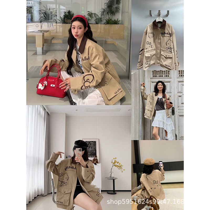 Ready to Ship! 25 New Autum Loose Cartoon Cat Letter Print Workwear Style Windbreaker Jacket for Women