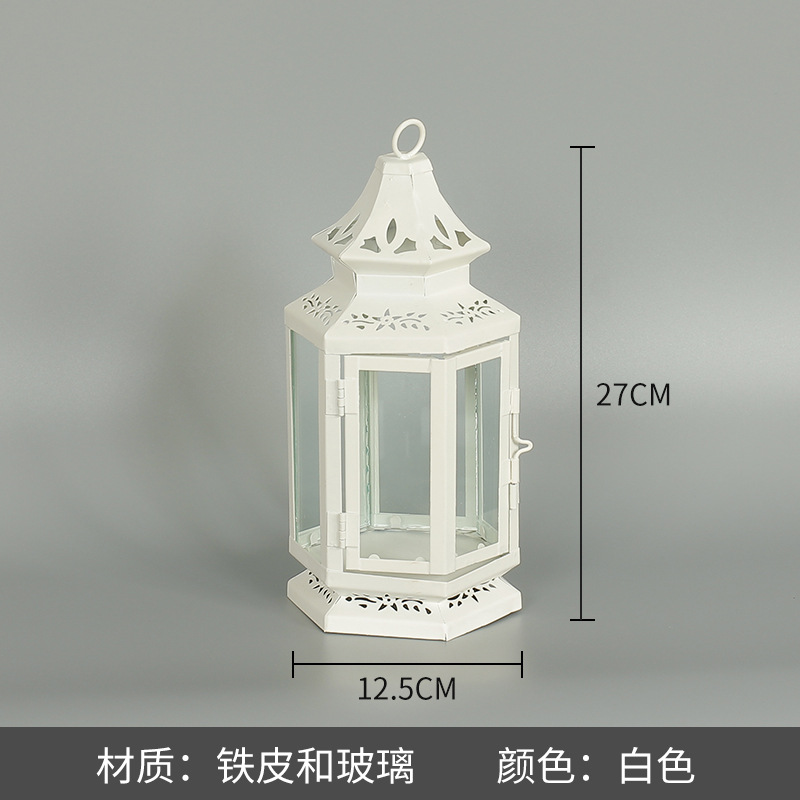 Blanco boda candelabro linterna boda carretera plomo accesorios atmósfera lámpara Marruecos viento lámpara decoración a prueba de viento vela pantalla