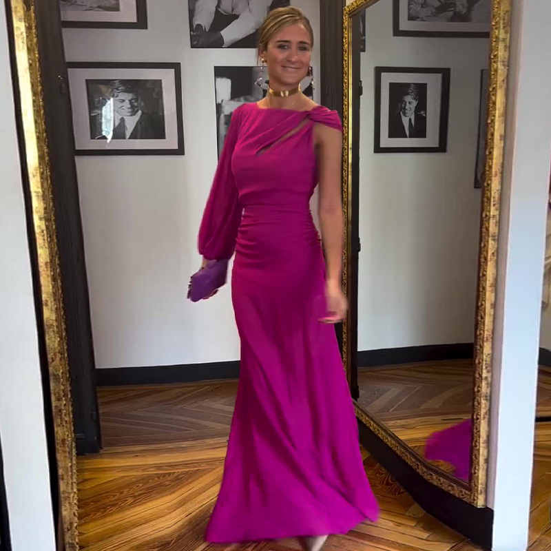 Women's Clothing solid color fashion oblique collar raglan sleeve slim temperament dress_mkmklike.com