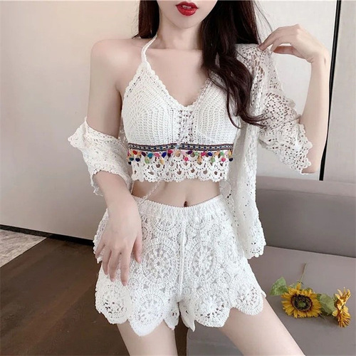 Halter neck camisole lace-up hollow tube top embroidered knitted bohemian ethnic style short women's top