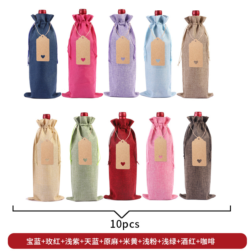 Suministro directo de fábrica bolsa de botella de vino de lino traje ciego degustación de vino botella cubierta de lino etiqueta bolsa de embalaje de vino tinto en stock al por mayor