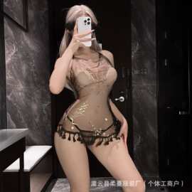 新款情趣睡衣性感烫金镂空肚兜套装流苏裙子开叉睡裙