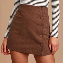 跨境女装灯芯绒半身裙秋冬纯色包布扣拉链短裙高腰修身包臀裙女