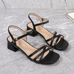 跨境简约气质凉鞋女外穿软皮加大码女鞋粗跟一字扣带高跟百搭女鞋