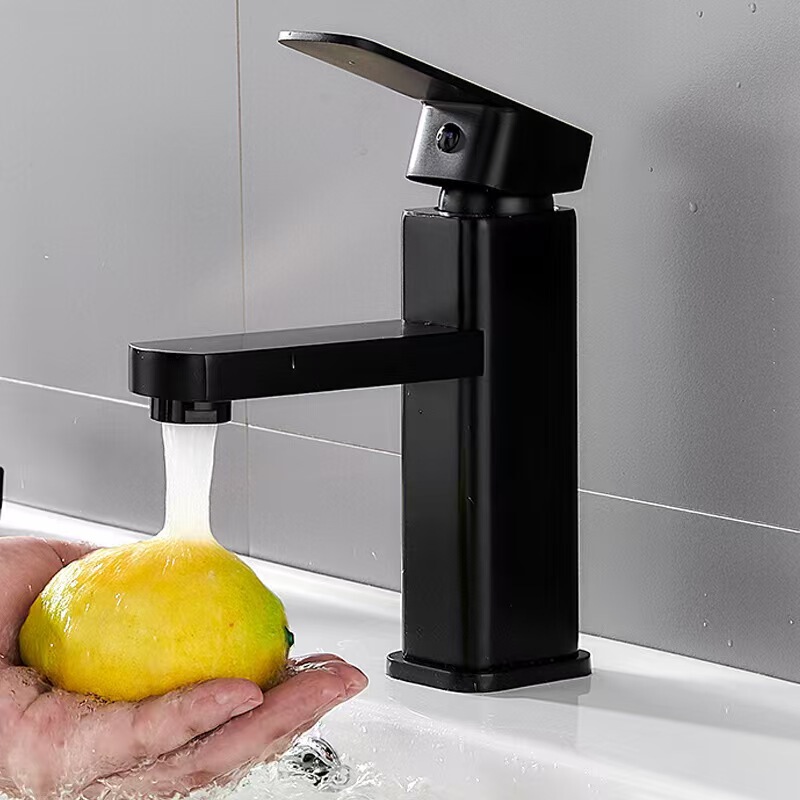 Stainless Steel Black Hot and Cold Water Basin Faucet, Countertop Basin, Elevated Cross-Border Bathroom Cabinet Single-Hole Faucet