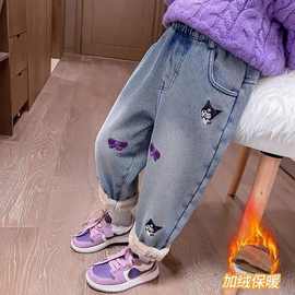 女童加厚一体羊驼绒库洛米牛仔裤冬装休闲儿童装加绒裤子一条过冬