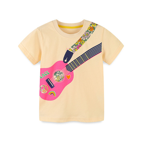 24夏季新款女童T恤中小童吉他印花圆领上衣欧美风儿童棉质运动衫