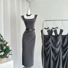 【miuシリーズ2.0】ハイセンスグレーハイウエストワンピースフェミニンスリムスリットヒップカバースカートヨーロッパステーション
