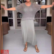 跨境新款镂针织空衣裙套装休闲纯色圆领针织衫欧美风连衣裙套装