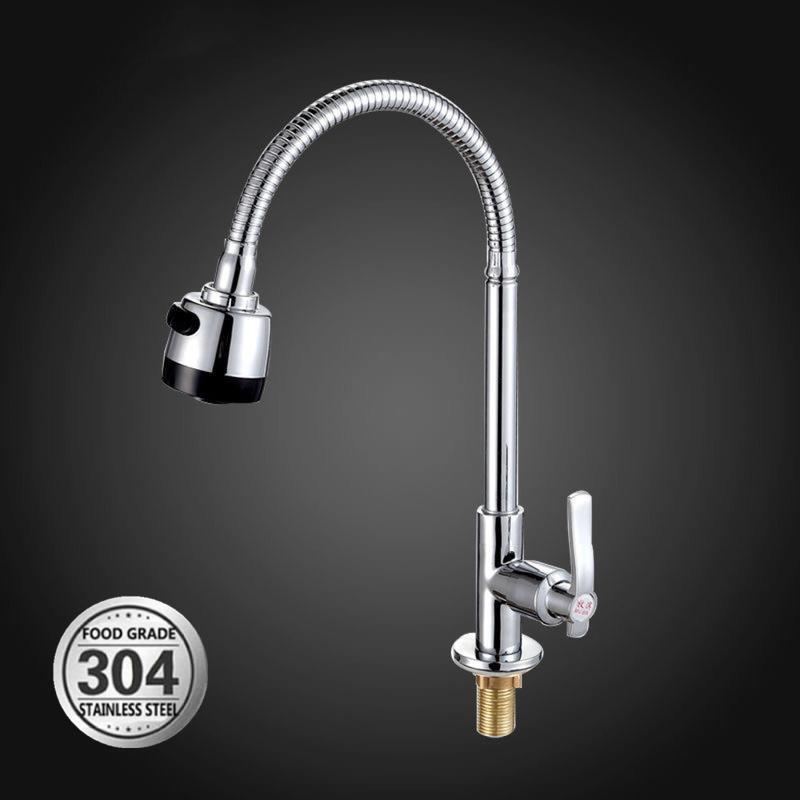 Cross-Border Manufacturer Balcony Faucet Single Tube Cold Water 304 Stainless Steel Kitchen Faucet 180 Degree Rotation Large Bend
