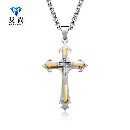 New European and American style three-layer flower-shaped combination stone cross pendant fashion retro men's trendy titanium steel necklace