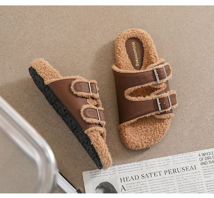 Girl Fur Slippers Women S Outerwear Autumn And Winter One Word Belt Plus Fleece Cotton Shoes To Keep Warm Net Red Large Size_voghion.com