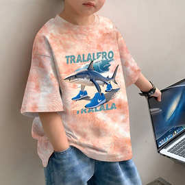2025夏季纯棉新款鲨鱼鞋子印花T恤短袖男女童中大童百搭宽松上衣
