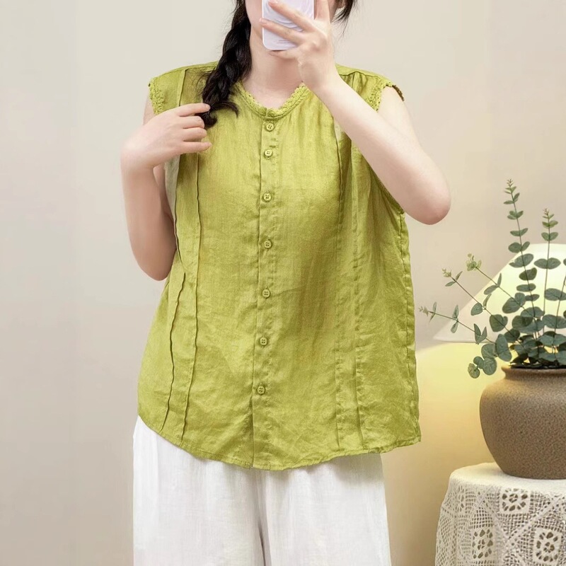 Qieguan's New Ramie Pleated Shirt for Women with Lace Collar, Single-Breasted, Solid Color, Loose Sleeveless Top for Women Qieguan's New Ramie Pleated Shirt for Women with Lace Collar, Single-Breasted, Solid Color, Loose Sleeveless Top for Women