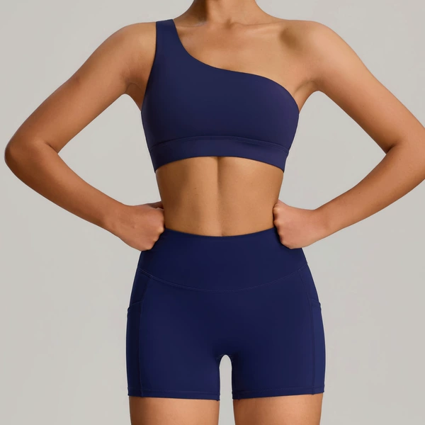 Bra, navy shorts