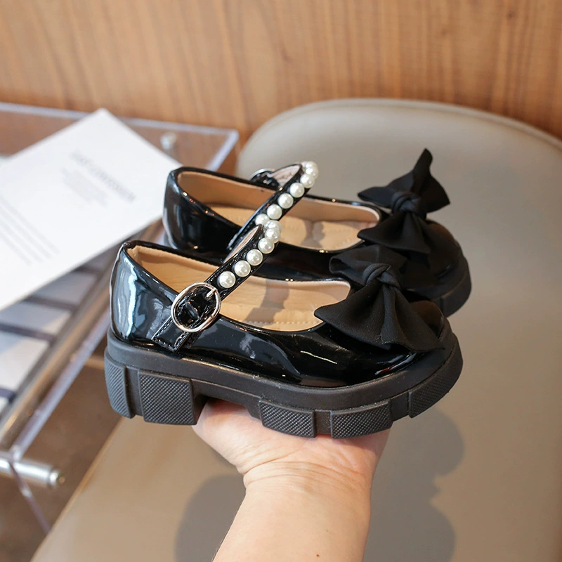 Детская кожаная обувь 2024 корейская версия маленькая девочка мода бант толстая подошва принцессы обувь для девочек среднего и старшего возраста высокие каблуки одиночные туфли