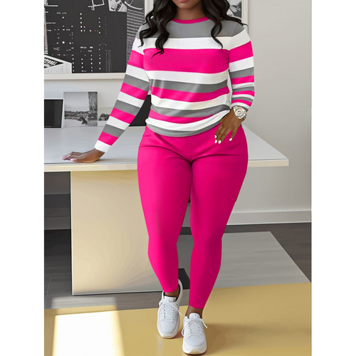 2025 Spring/Summer European and American Cross-Border Women's Color-Block Striped Crewneck Long Pants with Long Sleeves, Casual Two-Piece Set with Digital Printing