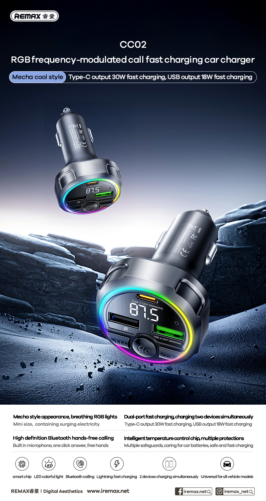 Remax Bluetooth Call Car Charger 48W Dual-Port Fast Charging Car Charger Type-C+Usb One-To-Two Car Charger
