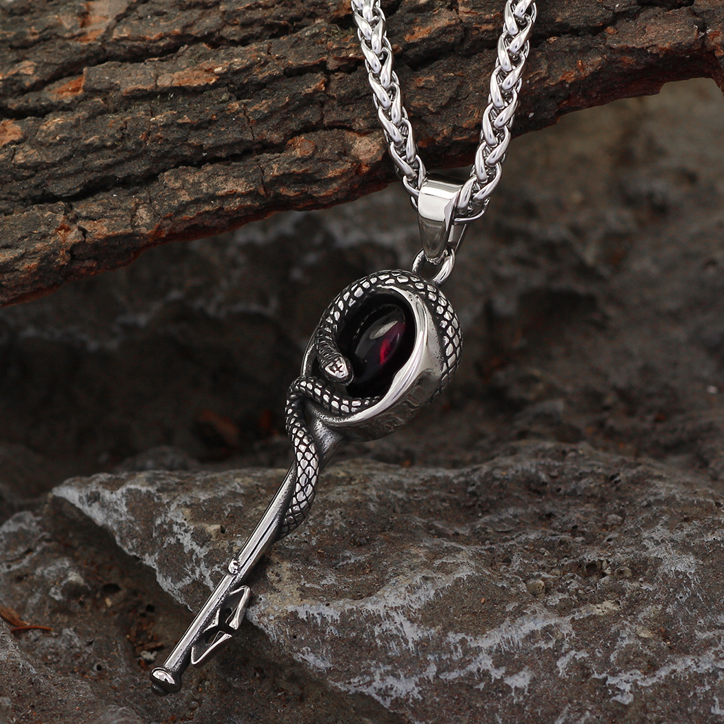 Gothic Snake Pendant Necklace In Stainless Steel With Gemstone_voghion.com