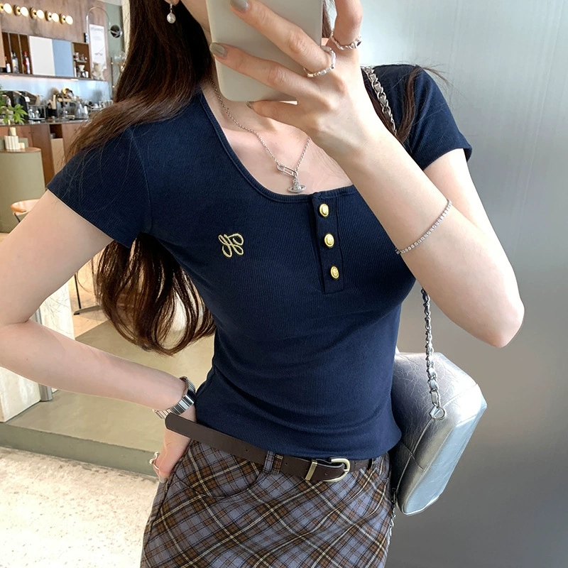 Женская футболка с коротким рукавом и вышивкой, темно-синяя, летняя новинка 2026 года, американский стиль, облегающий топ с круглым вырезом в стиле «Pure Desire Spicy Girl».